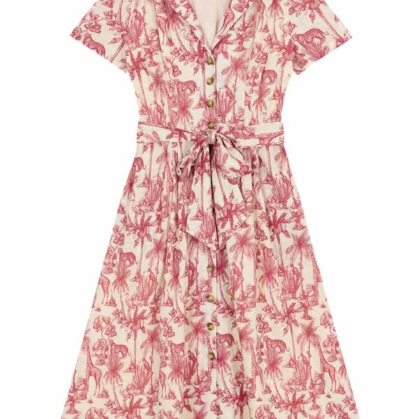 Joanie Clothing Phillipa Jungle Toile Print Midi Tea Dress -  UK 24  - Sustainable Organic Cotton (Cream)