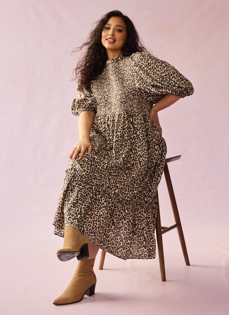 Joanie Clothing Priya Leopard Print Puff Sleeve Midi Dress - Extra Extra Large (UK 24-26) (Brown)