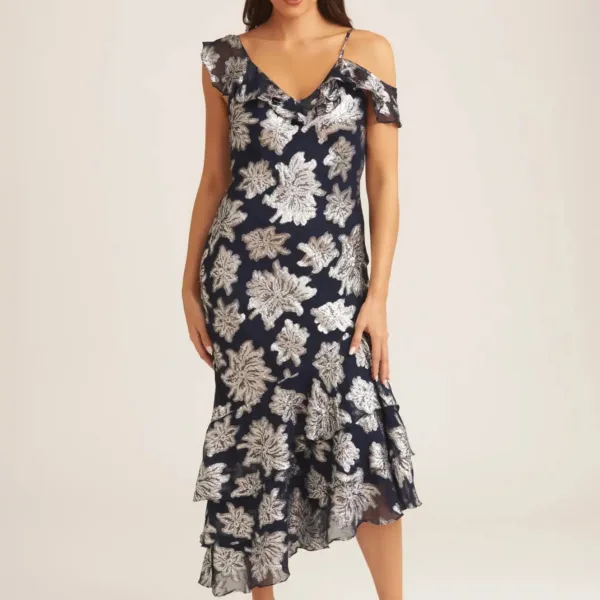 Navy Floral Clipped Tiered Ruffle Midi Dress