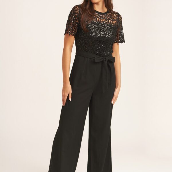 Black Floral Lace Sequin Belted Occasional Jumpsuit
