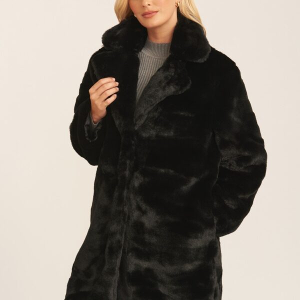 Black Faux Fur Lapel Collar Longline Coat