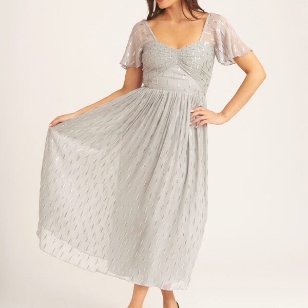 Silver Jacquard Metallic Angel Sleeves Midi Dress