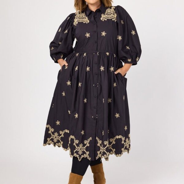 Joanie Clothing Rachida Embroidered Western Shirt Dress - Black - 8 (Black)