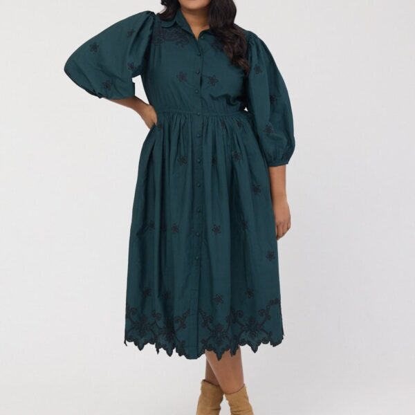 Joanie Clothing Rachida Embroidered Western Shirt Dress - Green- UK 18 (Green)