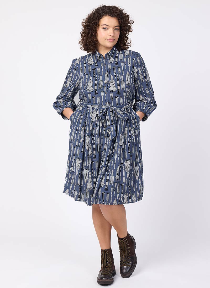 Joanie Clothing Andi Rocket Print Shirt Dress - UK 24 (Blue)