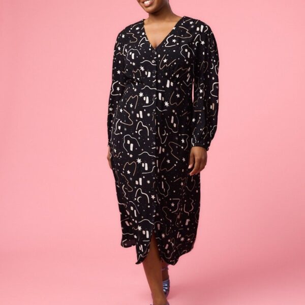 Joanie Clothing Sandra Cosmic Space Print Long Sleeve Midi Dress -  UK 26 (Black)