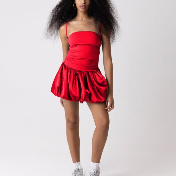 Alexa Red Satin Puffball Ultra Mini Dress