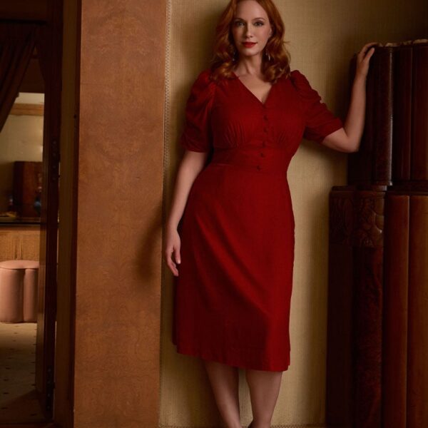 Joanie Clothing Christina Hendricks X Joanie - Neroli Puff Sleeve Velvet Dress - Scarlett Red- UK 22 (Red)