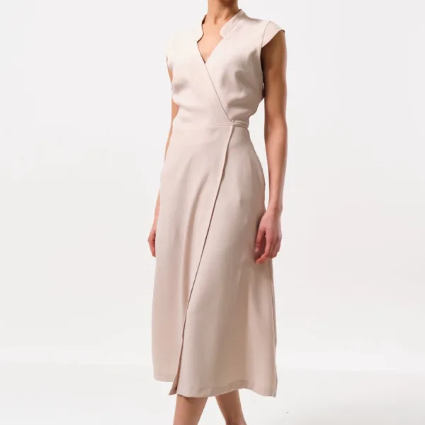 Urbain Satin Back Crepe Wrap Midi Dress - Camel