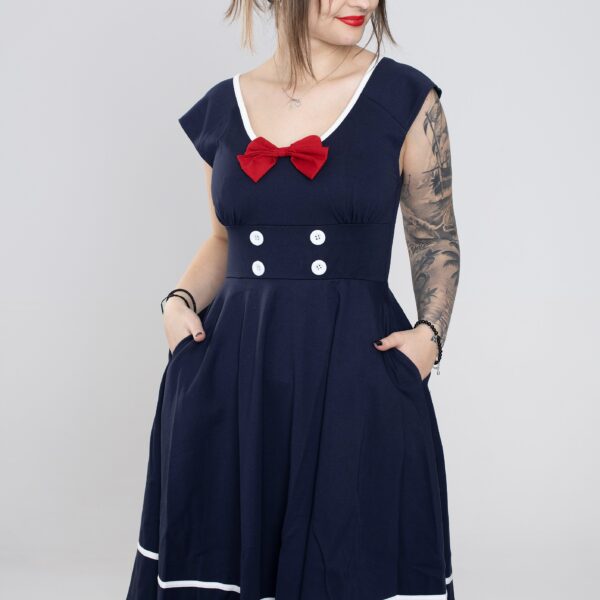 Voodoo Vixen - Catalina Red Bow Seaside Flare Navy - Dress - blue - XS - 60% Viscose, 35% Nylon, 5% Elastane,Jersey