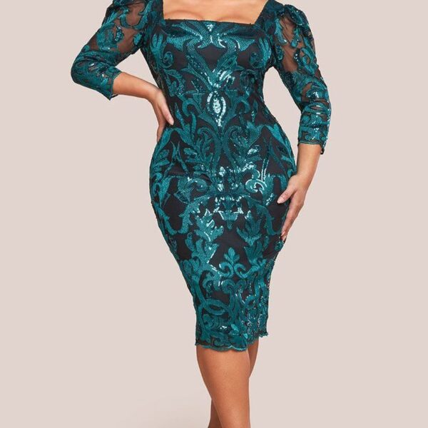 Square Neck Scalloped Embroidered Sequin Midi Dress - Emerald Green by Goddiva Plus