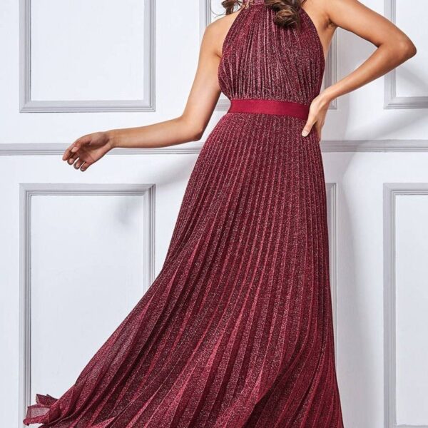 Lurex Halterneck Pleated Maxi Dress - Wine by Goddiva